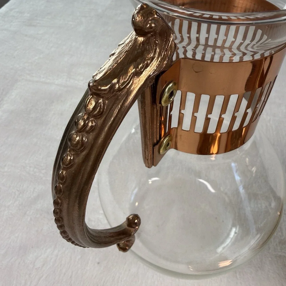 Vintage Corning Heat Proof Glass Carafe Pot with Copper Warmer Stand MCM 8 Cup